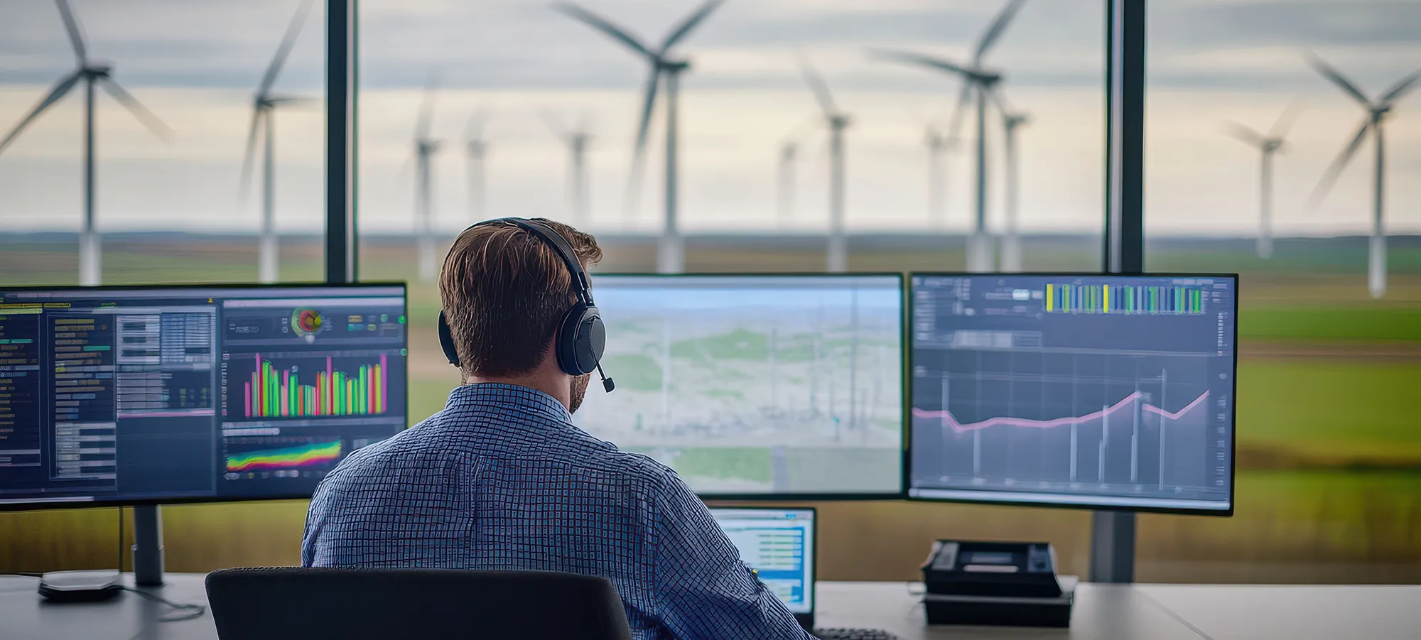  Analyst monitors graphs and reports in a monitoring center, evaluating the performance and indicators of regional energy and development funds.
